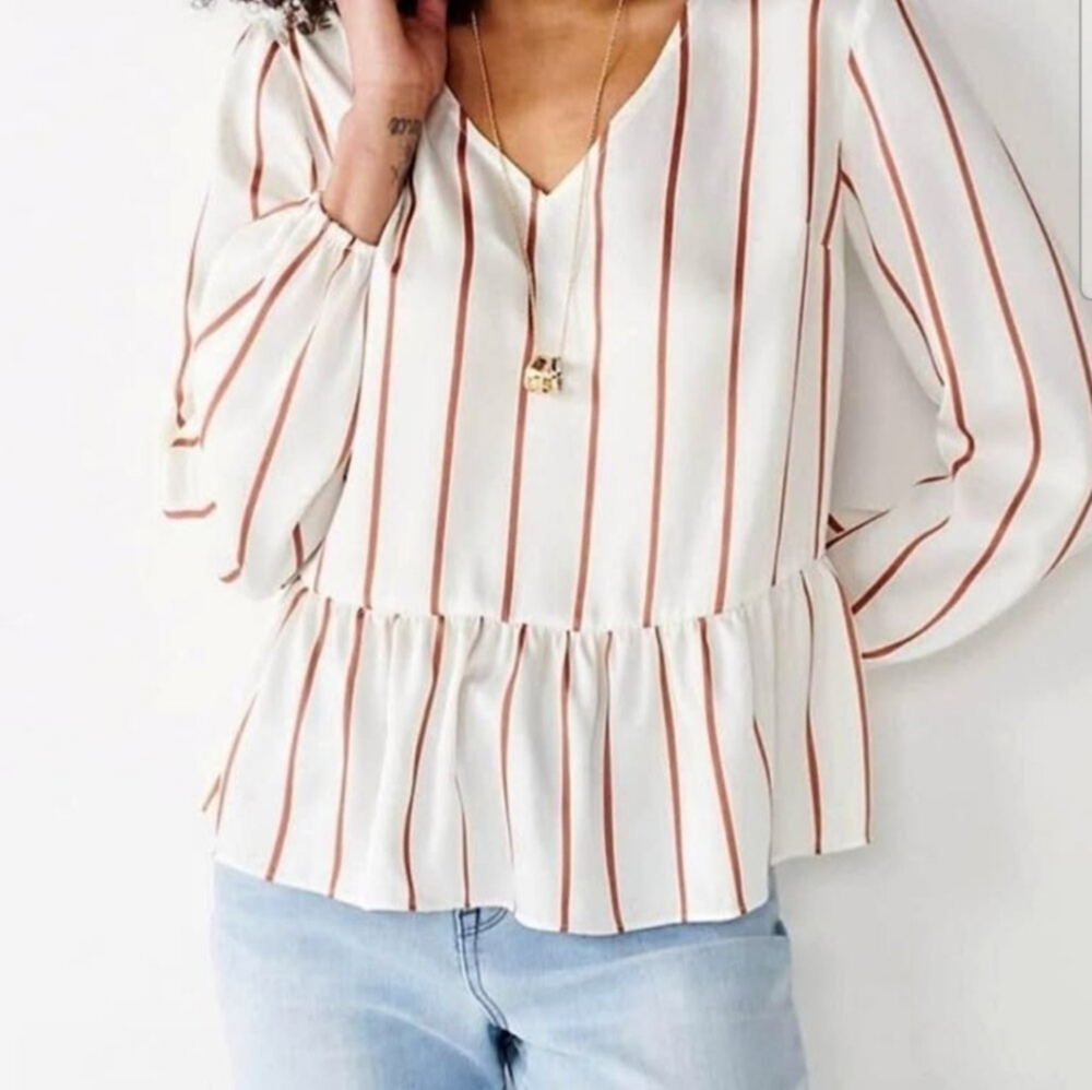 Nine West Cream and Brown Striped V-Neck Blouse